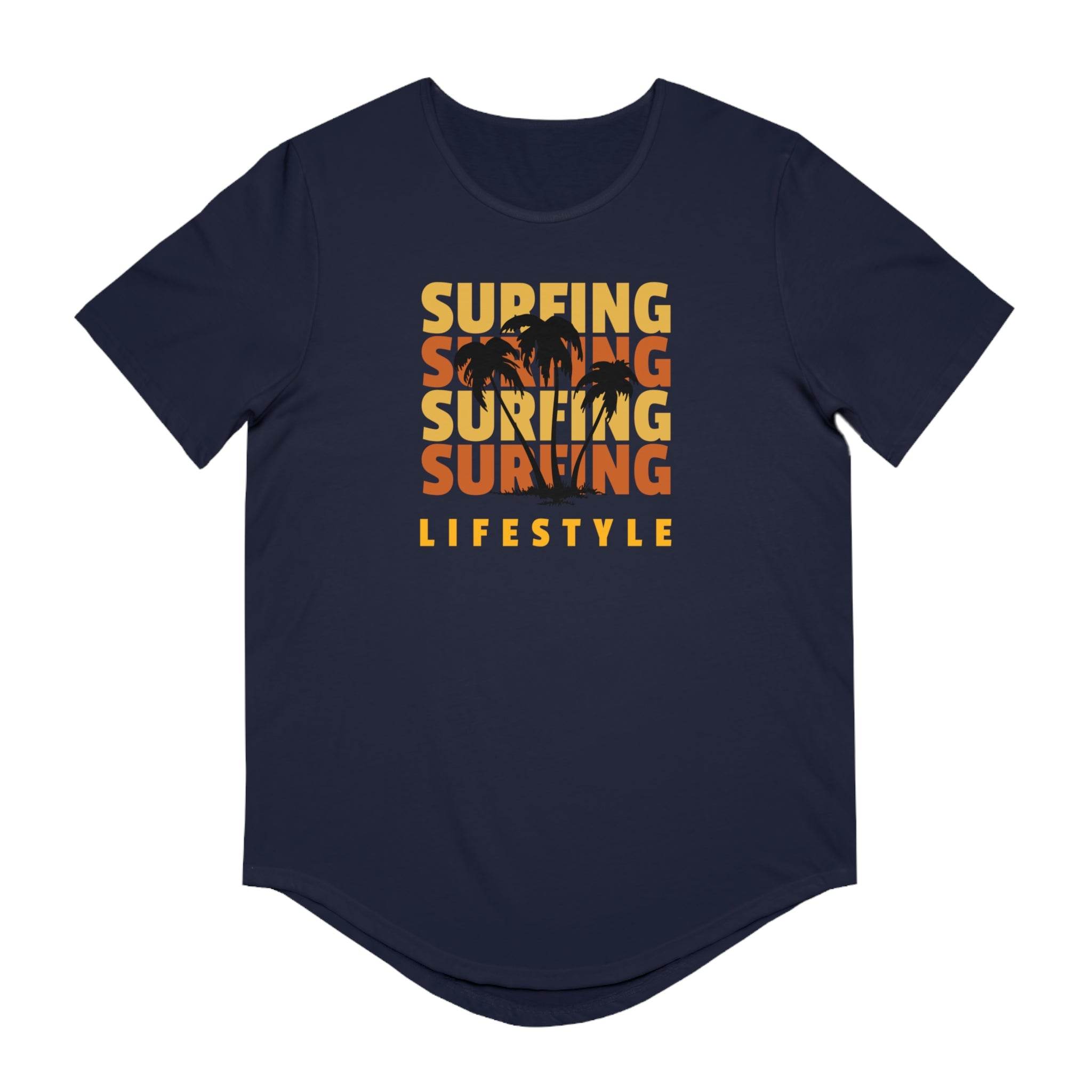 Printify navy eco friendly surfing t shirt with orange surfing text and palm tree design