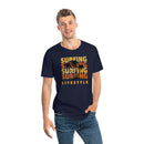 Printify eco friendly surfing t shirt in navy with sunset palm tree graphic worn by male model