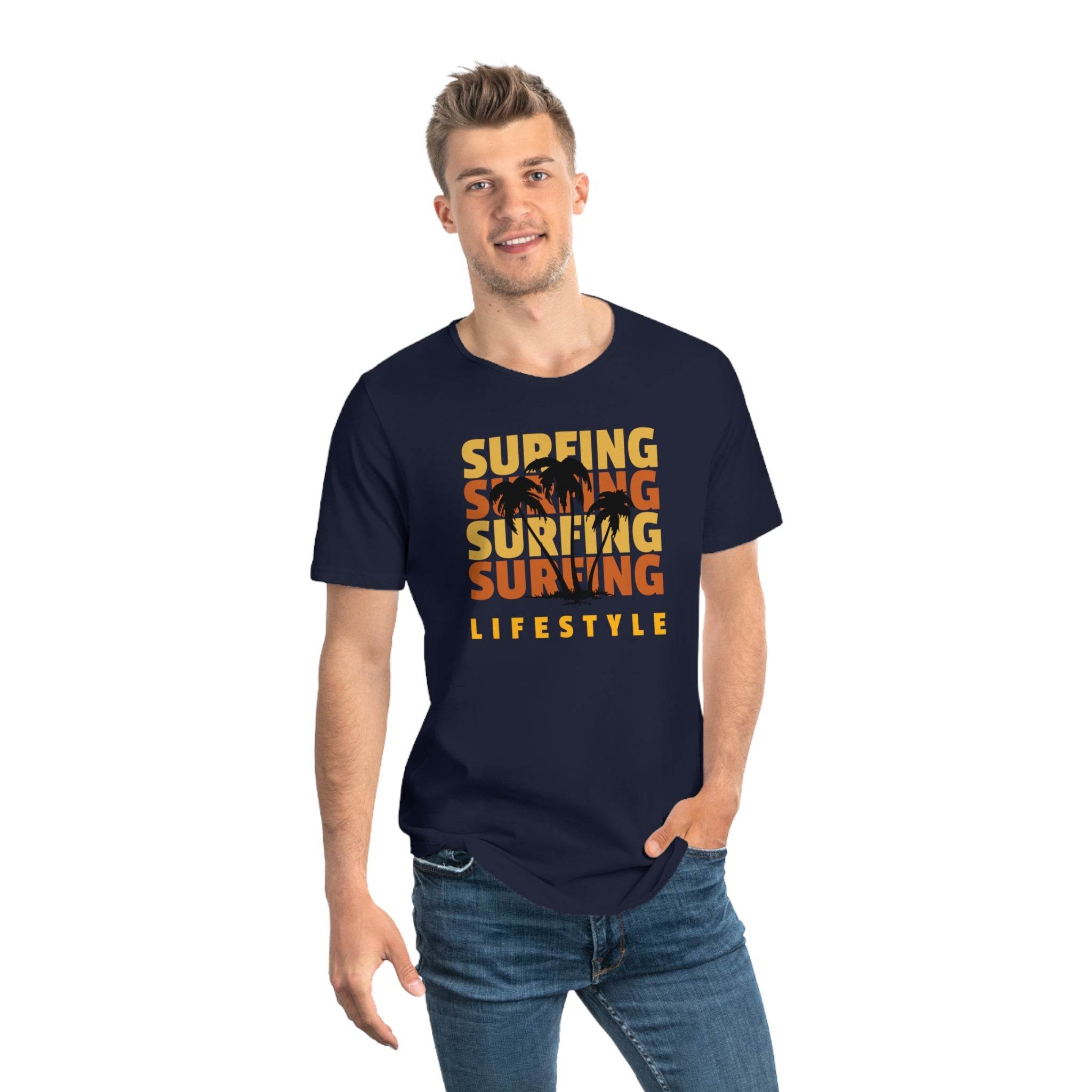 Printify eco friendly surfing t shirt in navy with sunset palm tree graphic worn by male model