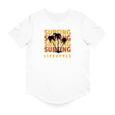 White Printify eco friendly surfing t shirt with palm tree and surfing lifestyle graphic design