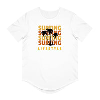 White Printify eco friendly surfing t shirt with palm tree and surfing lifestyle graphic design
