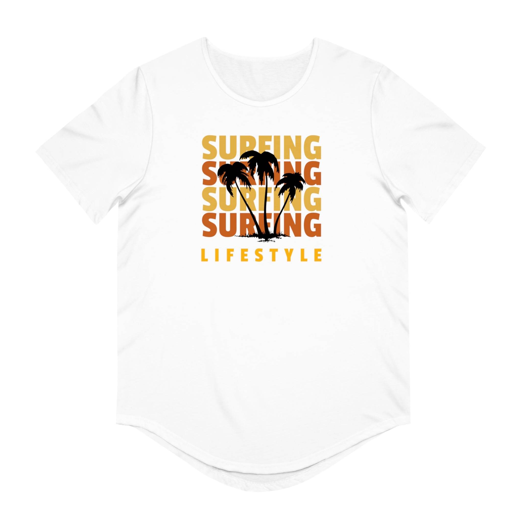 White Printify eco friendly surfing t shirt with palm tree and surfing lifestyle graphic design