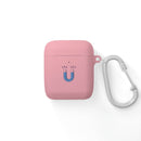 Printify pink sustainable AirPods Pro cover with blue magnet design and attached silver carabiner clip