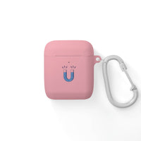 Printify pink sustainable AirPods Pro cover with blue magnet design and attached silver carabiner clip