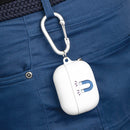 Printify sustainable AirPods Pro cover in white with blue magnet design attached to blue pants with carabiner