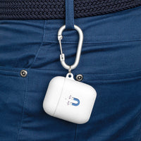 Printify sustainable AirPods Pro cover in white with magnetic design attached to carabiner on blue pants
