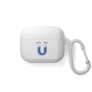 Printify sustainable AirPods Pro cover in white with blue magnet design and attached carabiner clip
