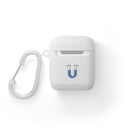 White sustainable AirPods Pro cover by Printify with blue magnet design and attached silver carabiner clip