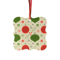 Printify seasonal decoration featuring sustainable aluminum Christmas decorations with red and green ornament patterns