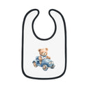 Printify sustainable baby bib with black trim and teddy bear driving a blue car design