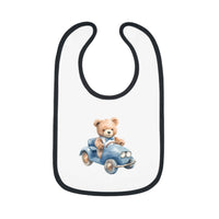 Printify sustainable baby bib with black trim and teddy bear driving a blue car design