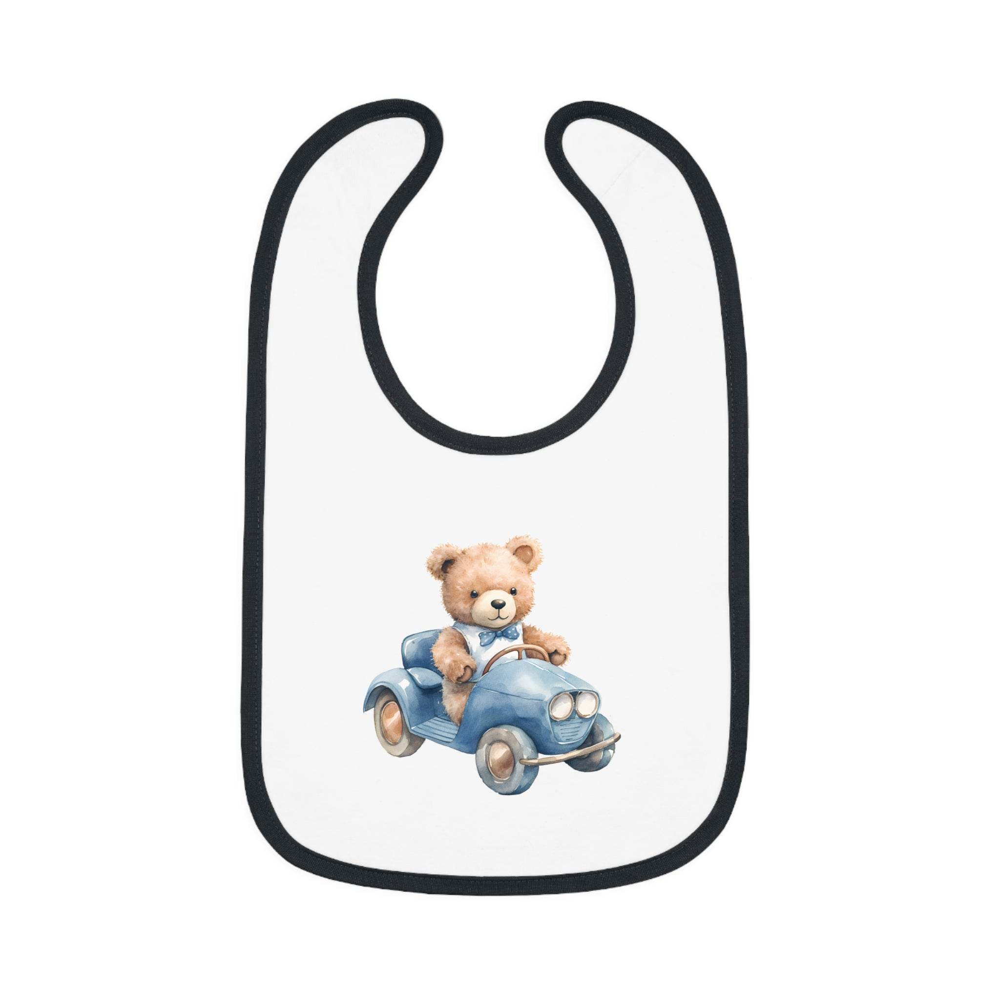 Printify sustainable baby bib with black trim and teddy bear driving a blue car design