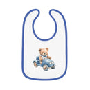 Printify sustainable baby bib with blue trim and teddy bear driving a vintage blue car design