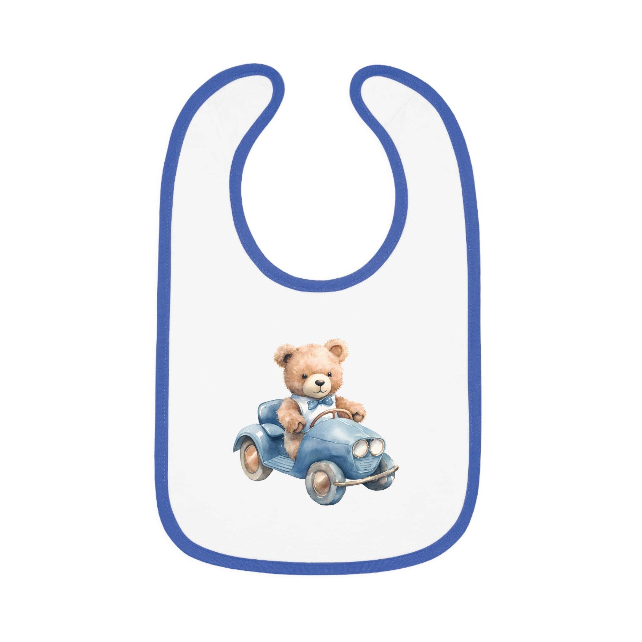 Printify sustainable baby bib with blue trim and teddy bear driving a vintage blue car design