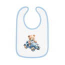 Printify sustainable baby bib with blue trim featuring a teddy bear driving a blue car design