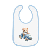 Printify sustainable baby bib with blue trim featuring a teddy bear driving a blue car design