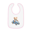 Printify sustainable baby bib with pink trim featuring a teddy bear driving a blue car design