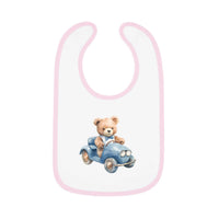Printify sustainable baby bib with pink trim featuring a teddy bear driving a blue car design