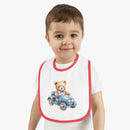 Printify sustainable baby bib with red trim featuring teddy bear driving a blue car design