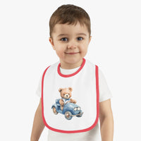 Printify sustainable baby bib with red trim featuring teddy bear driving a blue car design