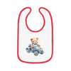 Printify sustainable baby bib with red trim featuring a teddy bear driving a blue toy car design