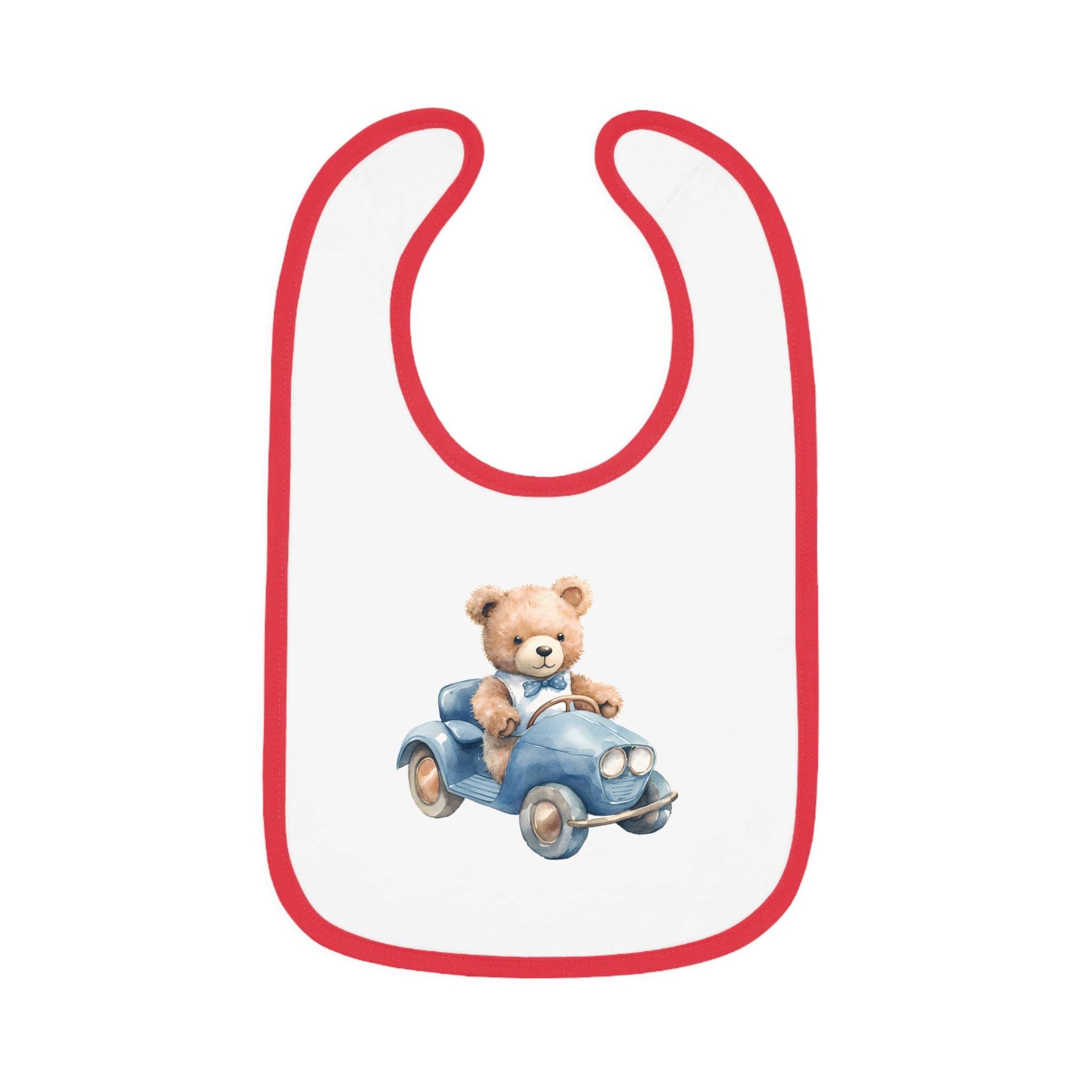 Printify sustainable baby bib with red trim featuring a teddy bear driving a blue toy car design