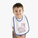 Printify sustainable baby jersey bib with blue trim featuring cute hippo mother and baby design