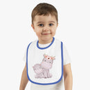 Toddler wearing a Printify sustainable baby jersey bib with a cute hippo and flower crown design