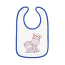 Printify sustainable baby jersey bib with blue trim and cute hippopotamus design with flower crown