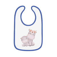 Printify sustainable baby jersey bib with blue trim and cute hippopotamus design with flower crown