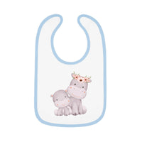 Printify sustainable baby jersey bib with blue trim featuring cute hippo family design