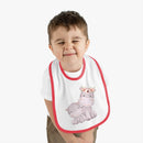 Toddler wearing a sustainable baby jersey bib with red trim and cute hippo print from Printify