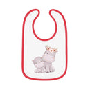 Printify sustainable baby jersey bib with red trim featuring cute hippo with flower crown design