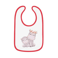 Printify sustainable baby jersey bib with red trim featuring cute hippo with flower crown design