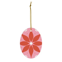 Printify seasonal decoration pink oval ornament with red flower design sustainable ceramic decor