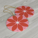 Printify seasonal decorations featuring sustainable ceramic decor with red floral pattern and gold hanging strings