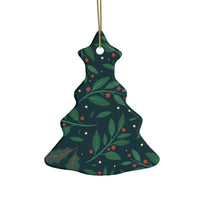 Printify sustainable ceramic holiday decorations shaped like a Christmas tree with green leaves and red berries