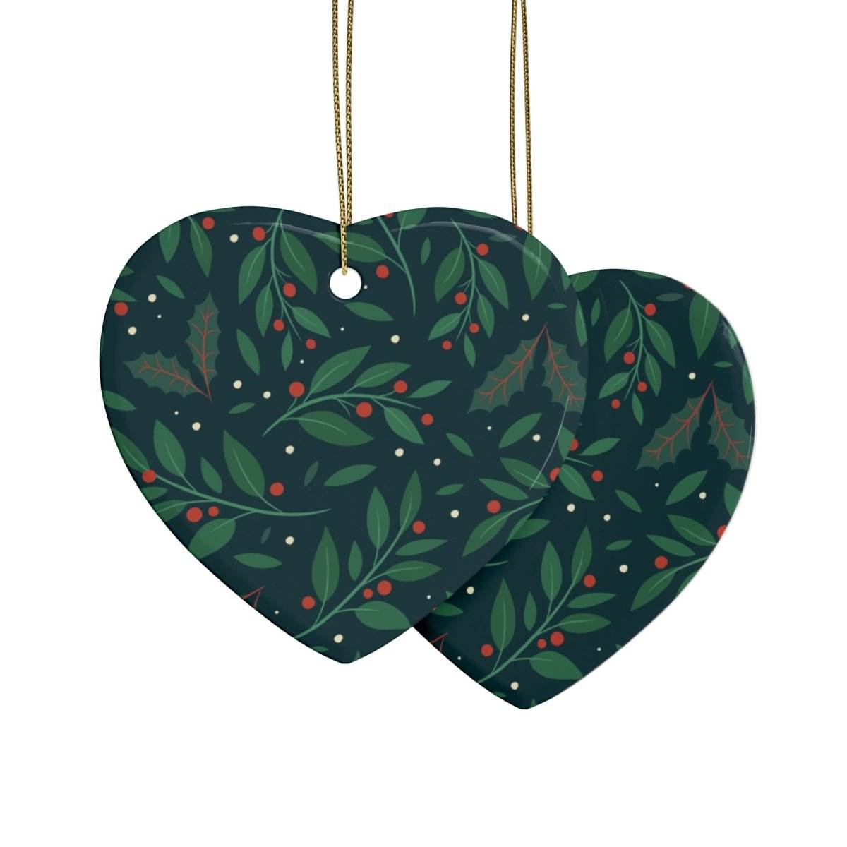 Printify heart-shaped sustainable ceramic holiday decorations with green leaves and red berries design