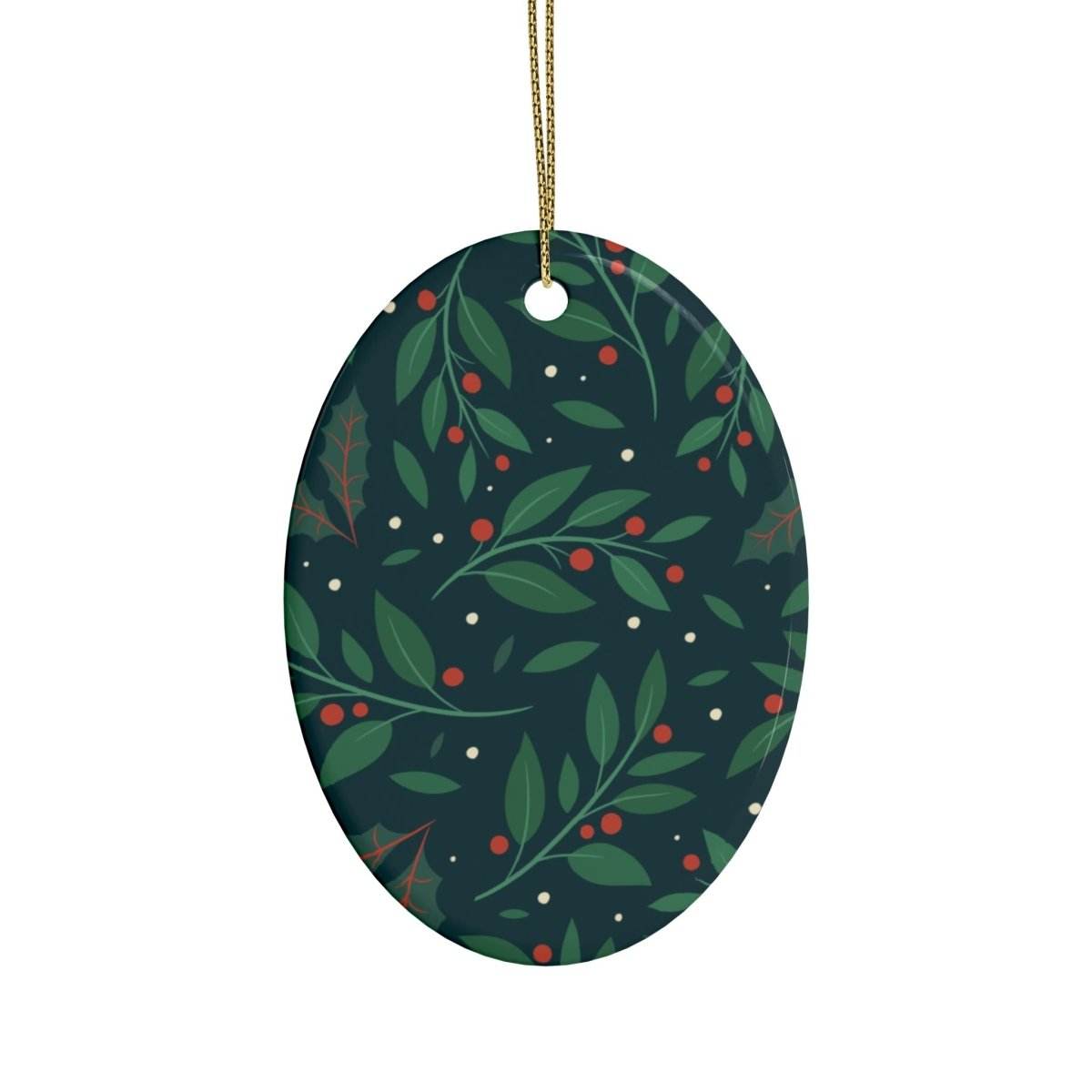 Printify sustainable ceramic holiday decorations featuring green leaves and red berries on oval ornament