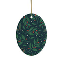 Printify sustainable ceramic holiday decorations featuring green leaves and red berries on oval ornament