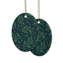 Printify sustainable ceramic holiday decorations with green leaves and red berries design hanging on gold strings
