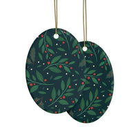 Printify sustainable ceramic holiday decorations featuring dark green leaves and red berries on oval ornaments