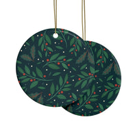 Printify sustainable ceramic holiday decorations with holly and berry design in green and red colors