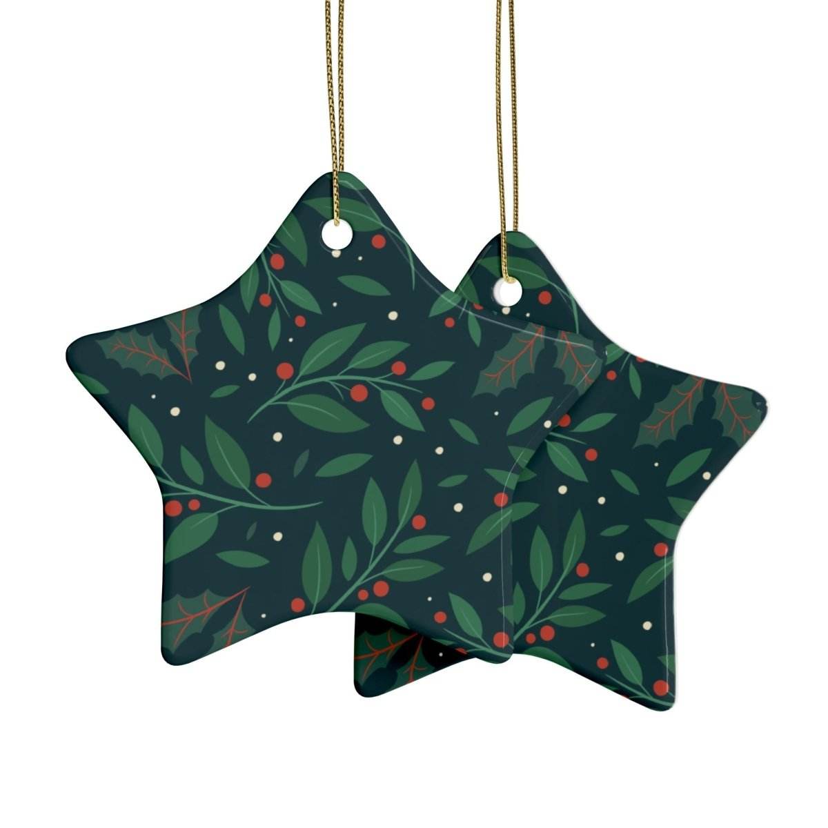 Printify sustainable ceramic holiday decorations star-shaped with green leaves and red berries pattern