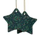 Printify sustainable ceramic holiday decorations star-shaped with green leaves and red berries pattern