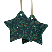 Printify sustainable ceramic holiday decorations star-shaped with green leaves and red berries pattern