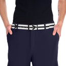 Man wearing a sustainable direction belt with black arrow design over striped white background with black buckle