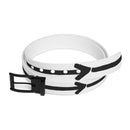 White belt with black arrow print and black buckle featuring sustainable direction belt design