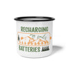 Printify sustainable enamel mug with recharging my soul's batteries mountain and tree design