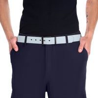 Close-up of a person wearing a white sustainable fashion belt with black buckle from Printify over dark pants